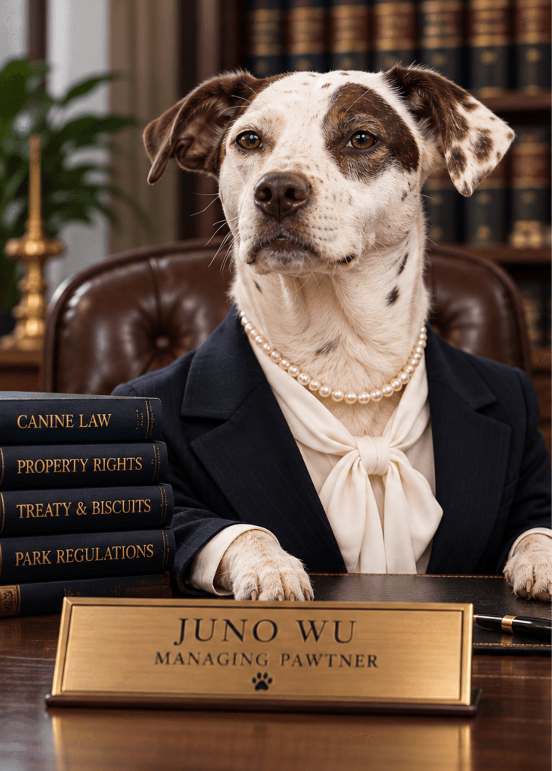 Juno Wu, managing pawtner, seated at her desk in a navy pinstripe blazer, cream bow blouse, and pearl necklace behind a brass nameplate, beside a stack of law books including Canine Law and Treaty & Biscuits.